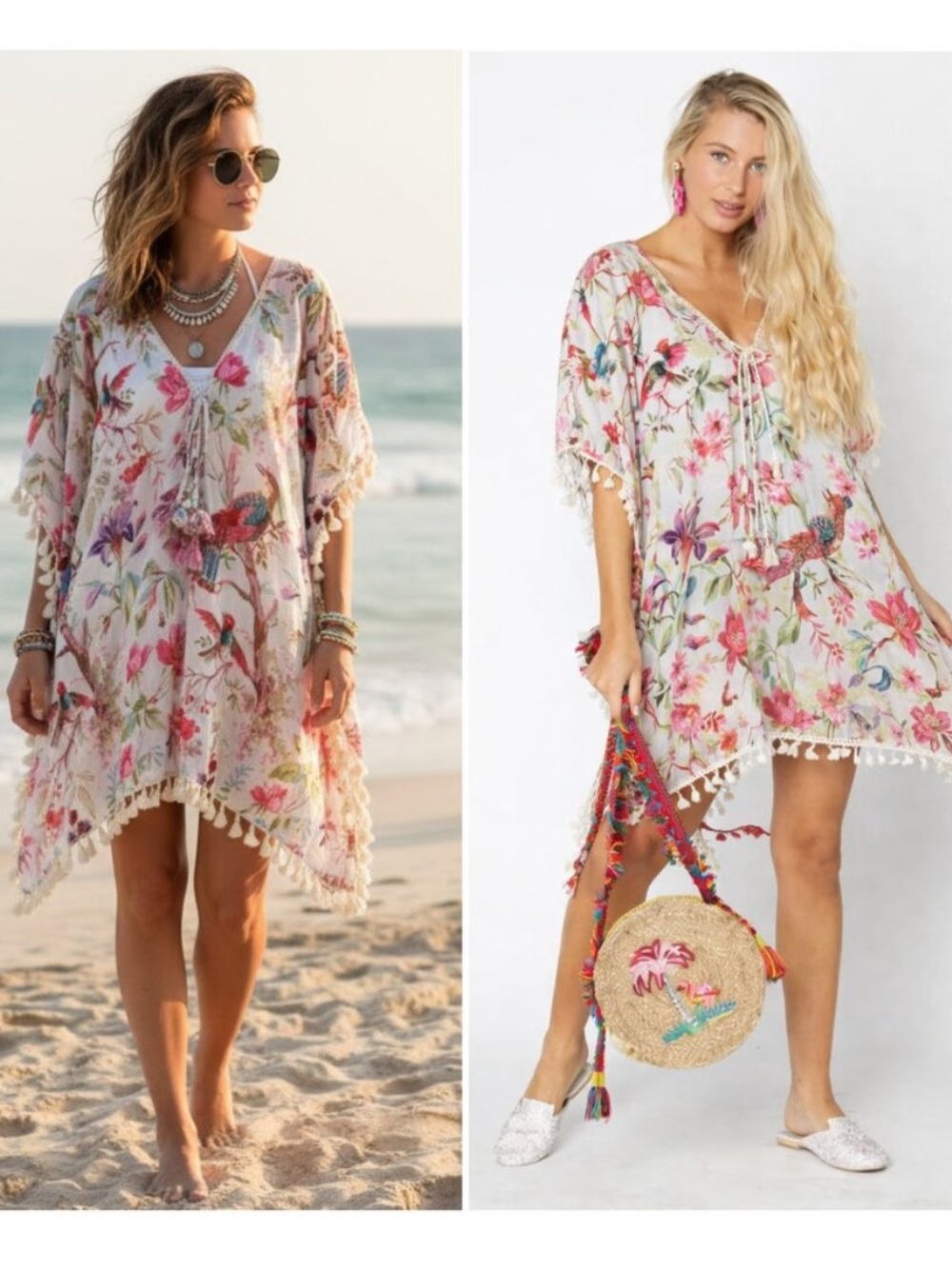 Z&L Floral Bird Print Boho Tassel Pom-Pom Cotton Kaftan Beach Pool Cover Up  S/M